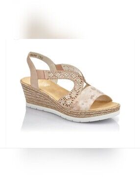Rieker Women's Nude Pink Wedge Sandals with Laser-Cut Details & Sequins Size 38